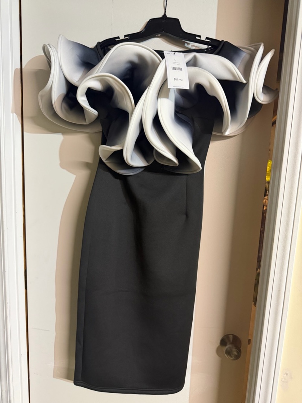 AKIRA Black Ombre  Midi Dress with Sculpted White-Edged Ruffle Neckline